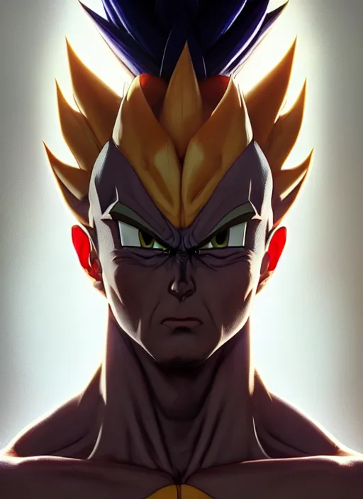 Prompt: by greg rutkowski, symmetry, concept art by artgerm, distance render portrait of a hyper realistic prince vegeta, intense, epic, ssj, alphonse mucha, octane render, highly detailed, high quality, 8 k, soft lighting, path traced, and uang guangjian and gil elvgren, symmetry!!