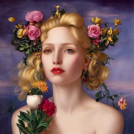 Image similar to centered portrait composition, woman with blonde hair full of spring flowers wearing ornate earrings, ornate gilded details, pastel colors, a surrealist painting by tom bagshaw and jacek yerga and tamara de lempicka and jesse king, wiccan, pre - raphaelite, featured on cgsociety, pop surrealism, surrealist, dramatic lighting