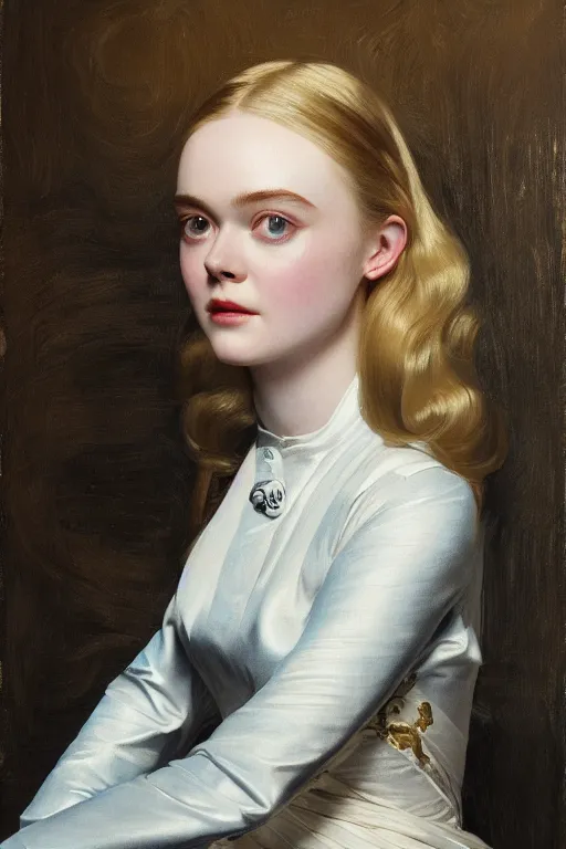 Image similar to Elle Fanning as an Android, oil on canvas, golden hour, artstation, by J. C. Leyendecker and Peter Paul Rubens,