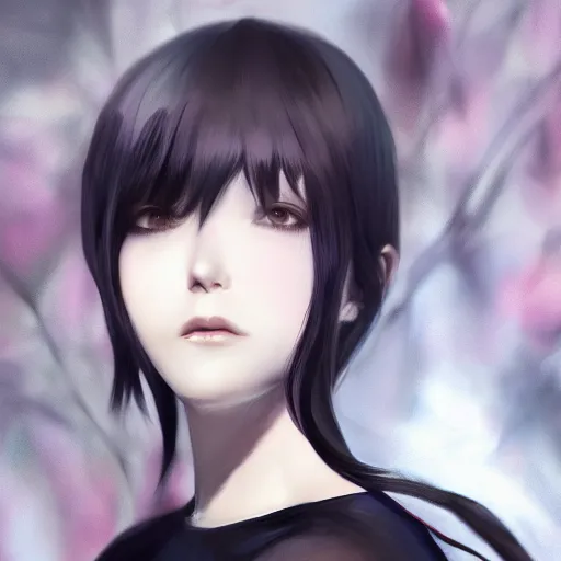 Prompt: heroine, beautiful, sui ishida with black hair, hyperrealistic, highly detailed, 8 k, a real photographic, digital art, character, realistic, full body portrait, artstation