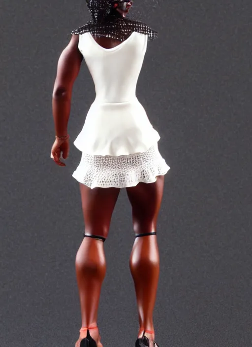 Image similar to Product Introduction Photos, 4K, Long view, Full body, 80mm resin detailed miniature of a Muscular Black Woman in white and lacy ruffled mini-skirt