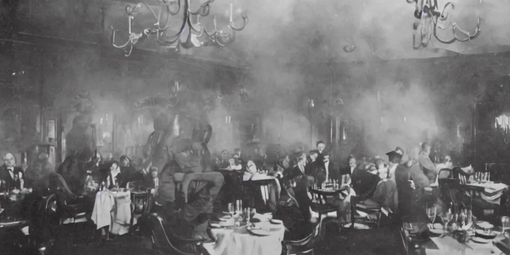 Prompt: the interior of a luxury restaurant that is burning while monsters appear in the background, 1 9 0 0 s photograph