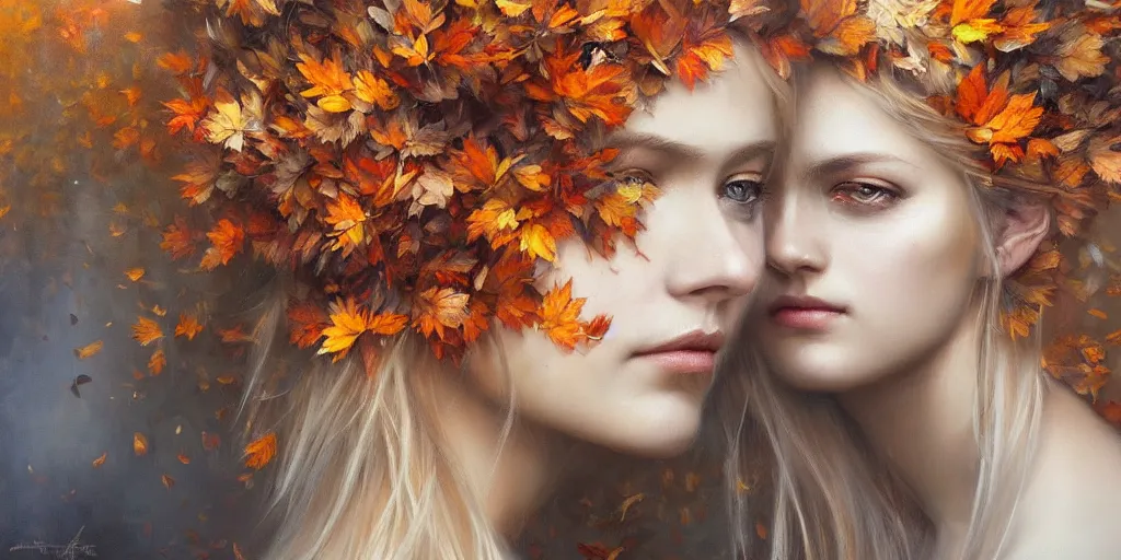Image similar to breathtaking detailed concept art painting pattern of blonde goddesses faces blend of autumn leaves, by volegov, bizarre compositions, exquisite detail, extremely moody lighting, 8 k