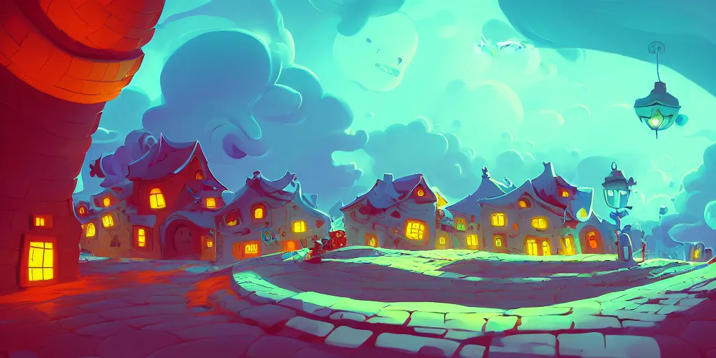 Image similar to curved perspective digital art of curvy clouds in a small village with a cobblestone street by anton fadeev from nightmare before christmas