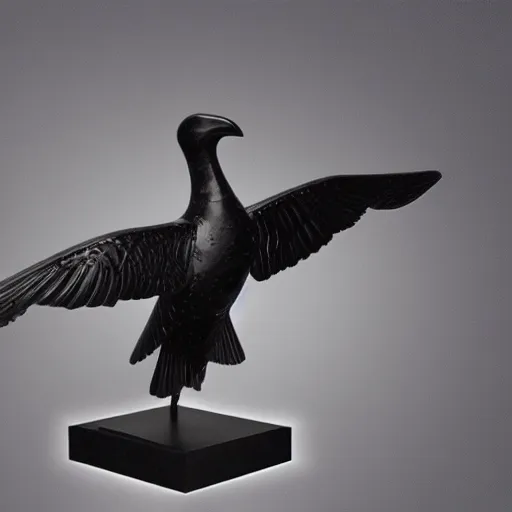 Image similar to a black marble highly detailed and realistic statue of a flying crow, museum lighting, award winning, masterpiece