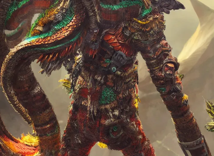 Image similar to detailed full body concept art illustration, oil painting on canvas of a quetzalcoatl, biomutant, dystopian, micro detail, octane render, 4K