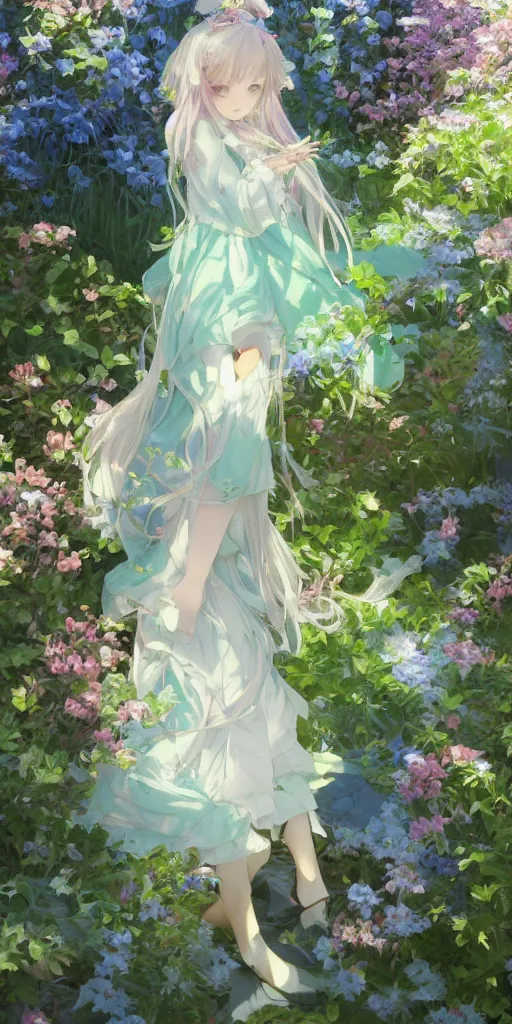 Prompt: a digital art full of atmosphere of a loli with long hair in a dress in the privet garden at after noon, green and warm theme, blue accents, low angle, back lighting, highly detailed, 4 k resolution, trending on art station, by krenz cushart and mucha and akihito yoshida and greg rutkowski and