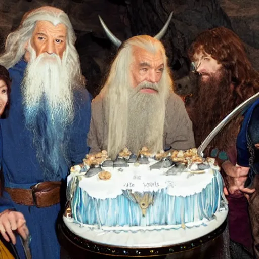 Image similar to gandalf birthday party with frodo, legolas and galadriel