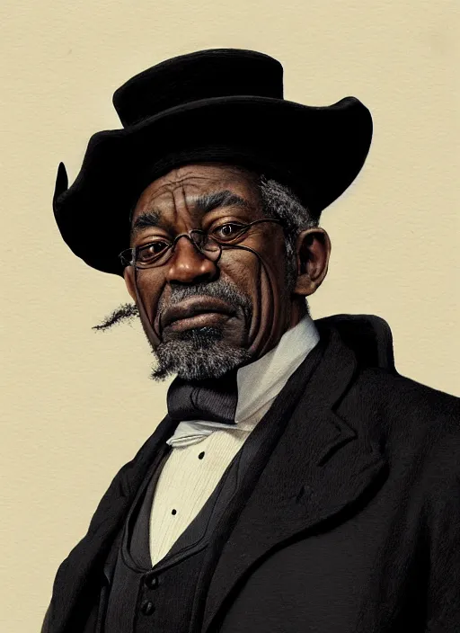 Image similar to a portrait of an old black man with a crooked nose in victorian clothing, confident pose, intricate, elegant, sharp focus, illustration, highly detailed, concept art, matte, trending on artstation, anime, art by james jean and artgerm and brian despain and alberto mielgo, greg rutkowski, wlop, ilya kuvshinov, strong strokes