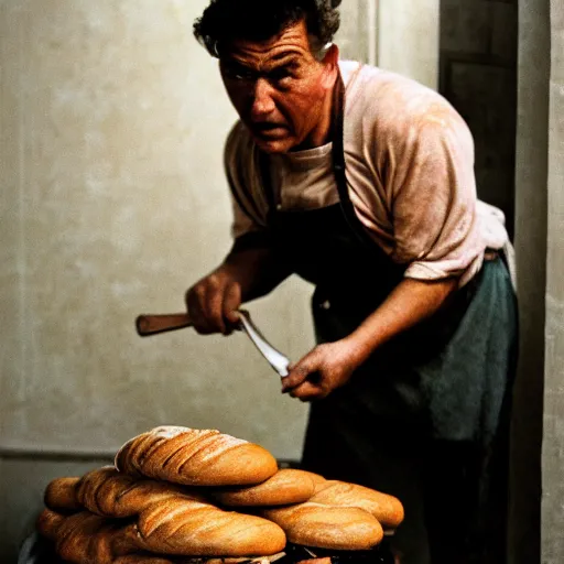 Image similar to portrait of a baker fighting bread trying to escape the oven, by Steve McCurry and David Lazar, natural light, detailed face, CANON Eos C300, ƒ1.8, 35mm, 8K, medium-format print