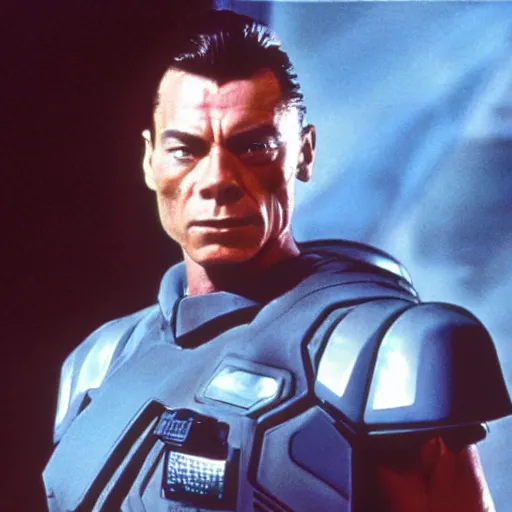 Image similar to movie still, 1 9 8 0 s, van damme as sci - fi starship trooper, hyperdetailed, by ridley scott, john carpenter and vittorio storaro, blue leds