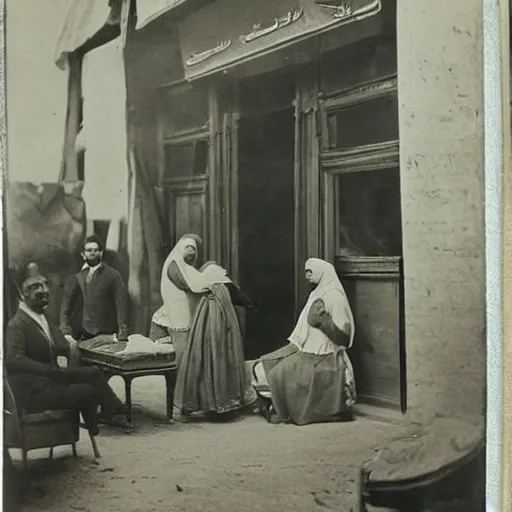 Prompt: elite egyptian woman at a french tailor in cairo, vintage photo, soft lighting, 1 8 9 0