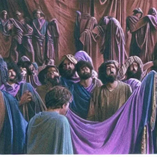 Image similar to cinematic still of the ark of the covenant, background is curtain of blue, purple and scarlet yarn and finely twisted linen with cherubim woven, Biblical epic movie directed by Steven Spielberg