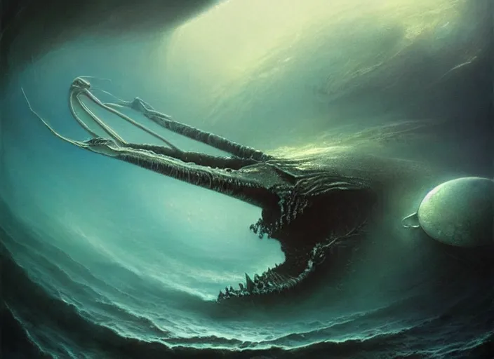 Prompt: an enormous aquatic alien swimming in the ocean depths of another planet, elegant intricate digital painting artstation concept art by mark brooks and brad kunkle and beksinski, extreme detailed