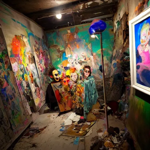 Prompt: the absolute worst art gallery exhibition in a hoarder's basement, filled with putrid trash and several happy, friendly clowns in pastel costumes. The walls are lined with paintings of paintings of paintings