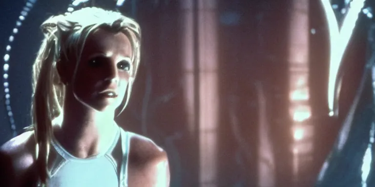 Image similar to film still of britney spears in Alien, xenomorph leaning upto her face, cinematic-shot, 4k