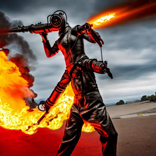 Image similar to full length photo of a beautiful atompunk warrior with a flamethrower, 8 k, hdr, smooth, sharp focus, high resolution, award - winning photo