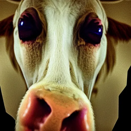 Prompt: ultra - realistic close - up of creepy cow at night, fish - eye - lense, disturbing horror photo, doorbell camera footage