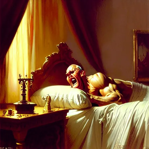 Image similar to the pope wakes up is his bed, sweating, nervous, terrified, because a double horned shadow demon lurks in the wall of the papal bedroom. highly detailed painting by gaston bussiere, j. c. leyendecker, greg rutkowski, craig mullins 8 k