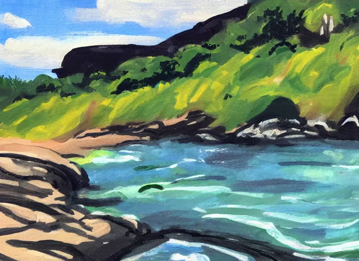 Prompt: detailed landscape of secret cove, summer time, in gouache plein air