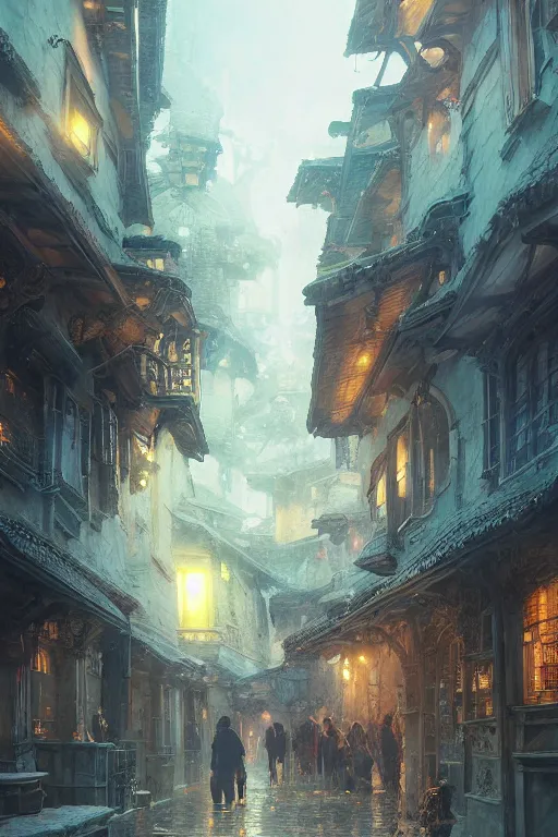 Image similar to inside the antique city of Avalon at dusk, intricate, elegant, volumetric lighting, digital painting, highly detailed, artstation, sharp focus, illustration, concept art, ruan jia, steve mccurry