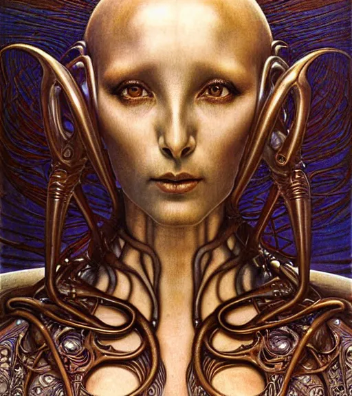 Image similar to detailed realistic beautiful young cher alien robot as queen of mars face portrait by jean delville, gustave dore and marco mazzoni, art nouveau, symbolist, visionary, gothic, baroque. horizontal symmetry by zdzisław beksinski, iris van herpen, raymond swanland and alphonse mucha. highly detailed, hyper - real, beautiful