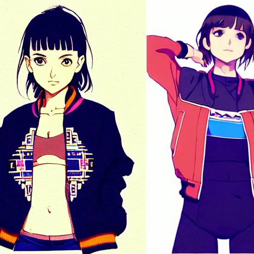 Image similar to a beautiful! boyish! natalie portman alluring gravure! model, wearing oversized aztec bomber jacket and leotard, poofy bomber jacket with mayan patterns, gapmoe yandere grimdark, trending on pixiv fanbox, painted by greg rutkowski makoto shinkai takashi takeuchi studio ghibli, akihiko yoshida