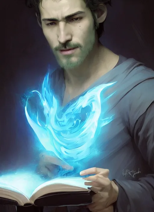 Image similar to character concept portrait of an attractive young sleepy Spanish wizard with blue skin conjuring an ocean spell, a floating iridescent spell book in the center, intricate, elegant, digital painting, concept art, smooth, sharp focus, illustration, from Metal Gear, by Ruan Jia and Mandy Jurgens and William-Adolphe Bouguereau, Artgerm