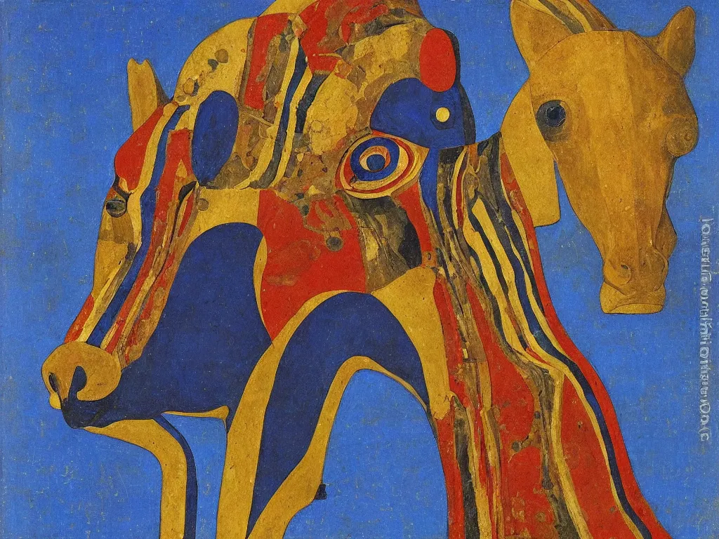 Image similar to portrait of a horse head with painted archaic totemic oceanian mask. lapis lazuli, malachite, cinnabar, petrol, gold. painting by piero della francesca, balthus, agnes pelton