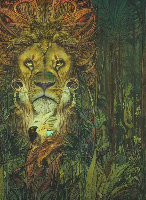 Prompt: a lion with intricate bird wings in the middle of a lush forest at night. diffuse neon light, dramatic landscape, fantasy illustration, matte painting by mucha