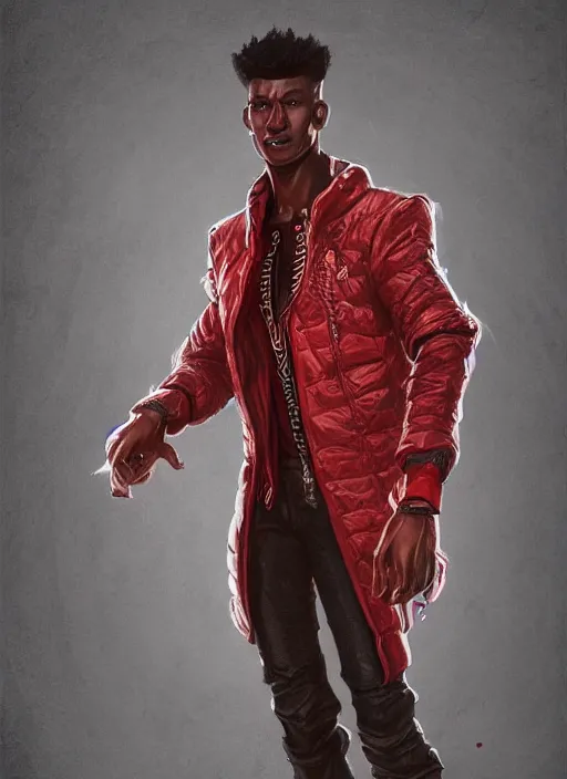 Prompt: a highly detailed illustration of attractive young african guy with flat top hair wearing red jacket, dramatic standing pose, intricate, elegant, highly detailed, centered, digital painting, artstation, concept art, smooth, sharp focus, league of legends concept art, wlop