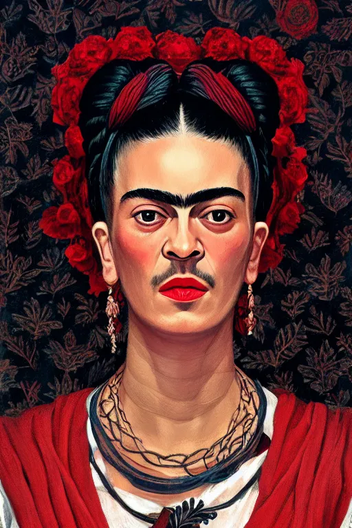 Image similar to portrait of frida kahlo wearing high fashion, staring directly into camera, intricate, elegant, glowing lights, highly detailed, digital painting, artstation, sharp focus, illustration, art by wlop, mars ravelo and greg rutkowski