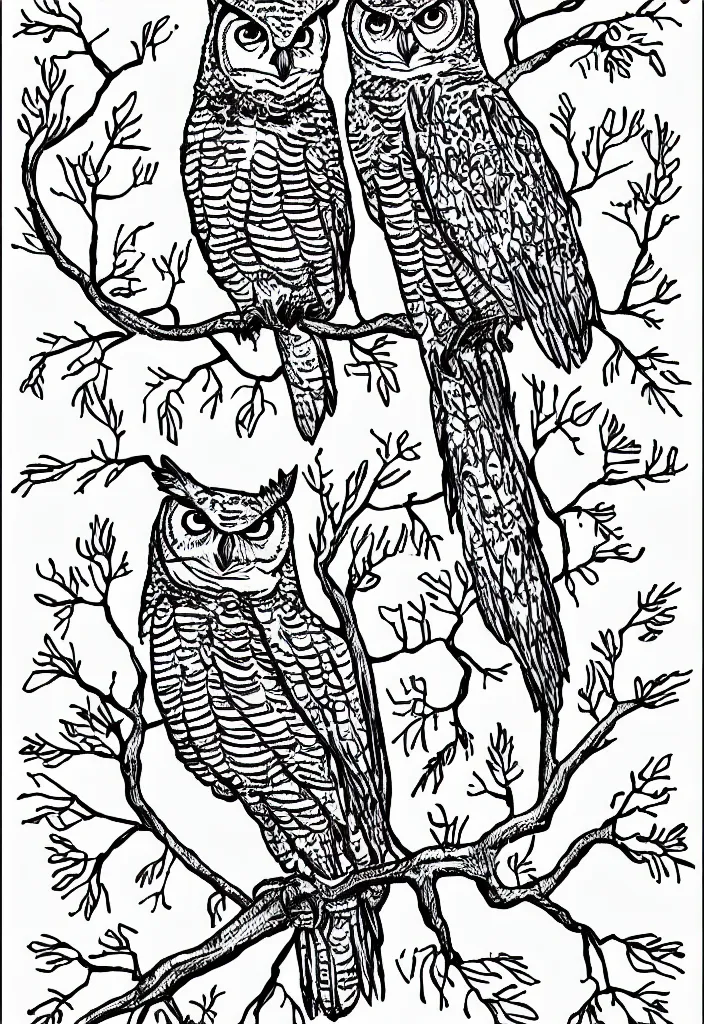 Prompt: individual, one, cartoon-style, great horned owl standing on a branch, coloring page, black and white