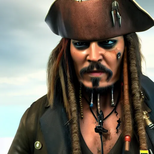 Image similar to captain jack sparrow as terminator, highly detailed, photo realistic, cinematic atmosphere, 8 k, octane render, unreal engine