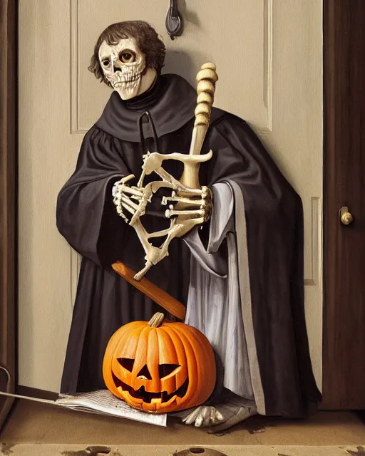 Image similar to A painting of Martin Luther holding a mallet and nailing a cartoon paper-skeleton Halloween decoration to the door of a suburban home, in the styles of Ferdinand Pauwels, Greg Rutkowski, and Judy Boyle intricate, hyperrealistic, accurate facial details, volumetric lighting