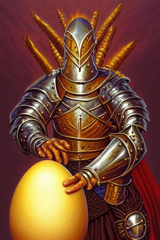 Prompt: classic oil painting, a medieval fantasy knight hatching from an egg, as a dnd character, cottagecore, highly detailed, digital illustration, concept art, smooth, sharp focus, art by tim hildebrandt, and alex grey