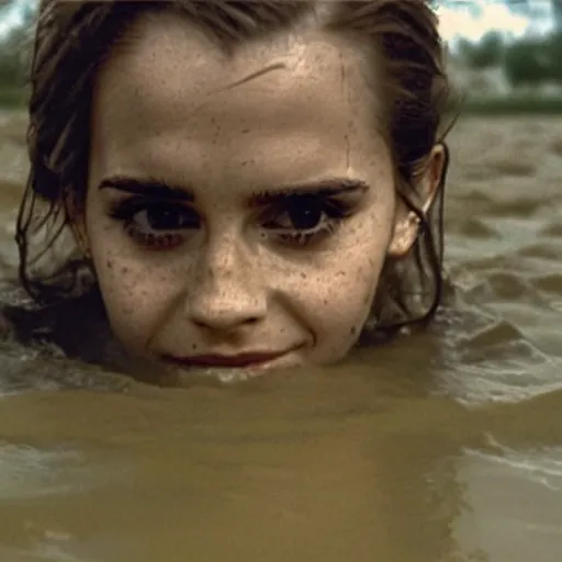 Prompt: film still, close up, emma watson rising out of muddy vietnam river, face covered in mud, low camera angle at water level, night time, film still from apocalypse now ( 1 9 7 9 ), 2 6 mm,