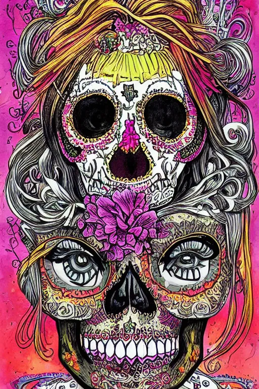 Prompt: Illustration of a sugar skull day of the dead girl, art by philippe druillet