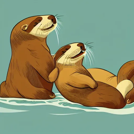 Image similar to otters playing with one another wide angle shot, white background, vector art, illustration by frank frazetta