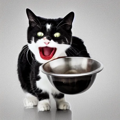 Prompt: a cat yelling angrily because it's bowl is empty