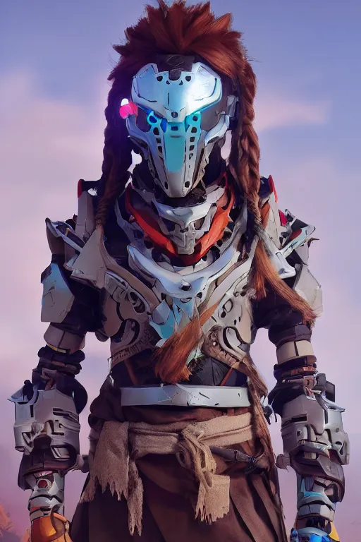 Image similar to combination suit armor aloy horizon forbidden west horizon zero dawn robot ninja mask helmet backpack tribal, aesthetic octane render, 8 k hd resolution, by ilya kuvshinov and cushart krentz and gilleard james radiating a glowing aura cgi rtx 2 0 2 2