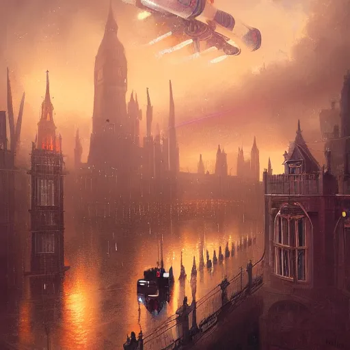 Prompt: a beautiful artwork painting of spaceships and ufo shooting laser beams and flying above rainy victorian london at sunset, by andreas rocha, featured on artstation