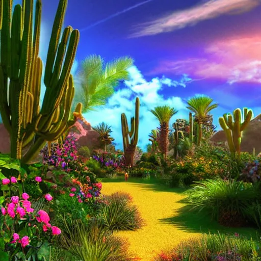 Image similar to a lush desert garden with bright colors, global illumination, dramatic sky and light rays, artstation
