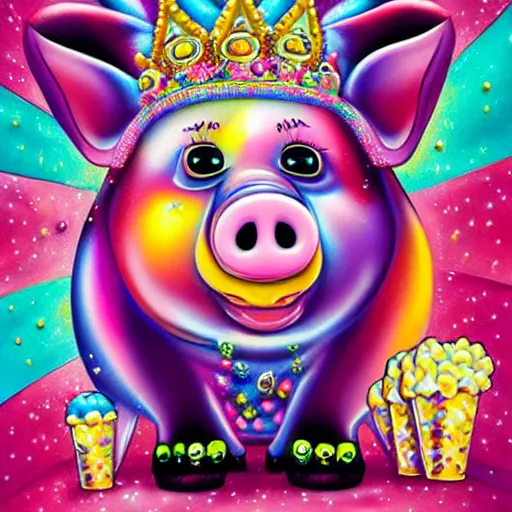 Image similar to lisa frank action pose pig wearing a gold crown throwing pop corn painting by android jones