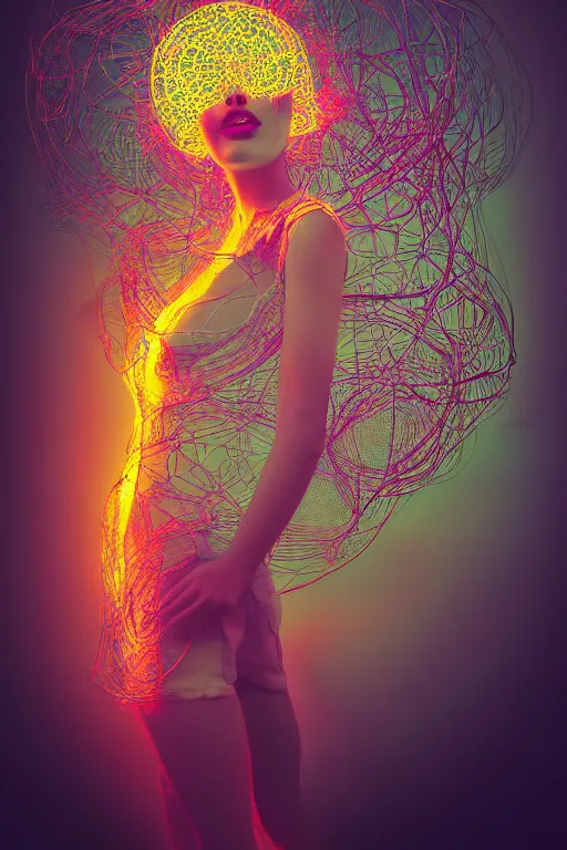 Prompt: portrait of girl having an orgasm eyes close, colorized neon lights, explosion of light, hyperealistic detailed photography polaroid, 5 0 mm lens, motion blur, grainy image, hexagonal mesh fine wire, sinuous fine roots, alexander mcqueen, art nouveau fashion embroidered, steampunk, mandelbrot fractal