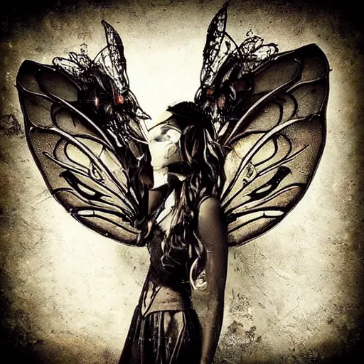 Image similar to fairy wings, metal, steampunk, macro, award winning photo