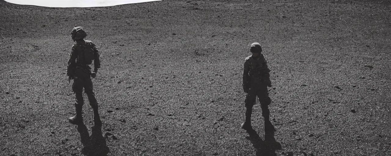 Image similar to low angle cinematic shot of lone futuristic soldier in the middle of an endless black sand beach in iceland, iceberg, 2 8 mm