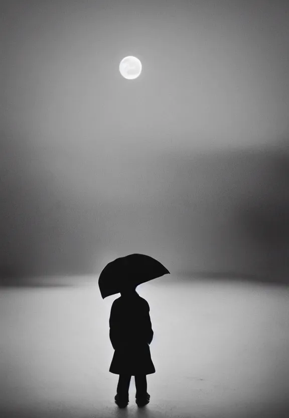 Prompt: little boy standing, holding umbrella in front of playground, at night, full moon, minimalist, black and white artwork, anime style