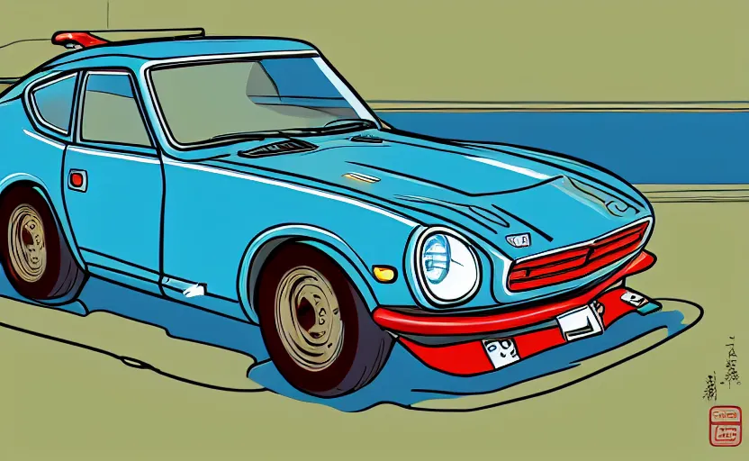 1970 Datsun 240Z in the style of Ken Sugimori, anime | Stable Diffusion