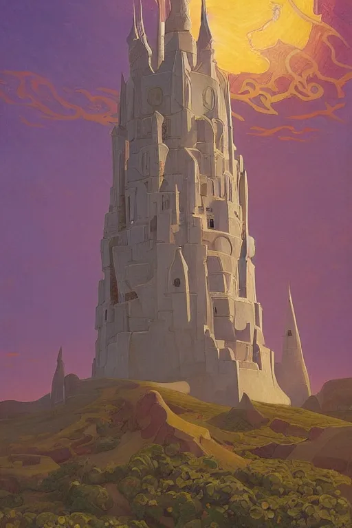 Image similar to the painted tower of the sun queen, by Sylvain Sarrailh and Nicholas Roerich and jean delville and Tyler Edlin and William Dyce, dramatic cinematic lighting , beautiful garden, ornate carved architecture, smooth, sharp focus, extremely detailed